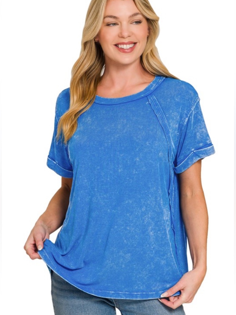 Zenana Women's Washed Ribbed Cuffed Short Sleeve Round Neck Top - Ocean Blue